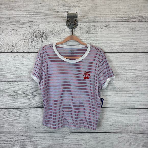 Arizona Jean Co Plus Size Classic Fit Red Blue Striped Crop Tee Size XXL - Picture 1 of 5